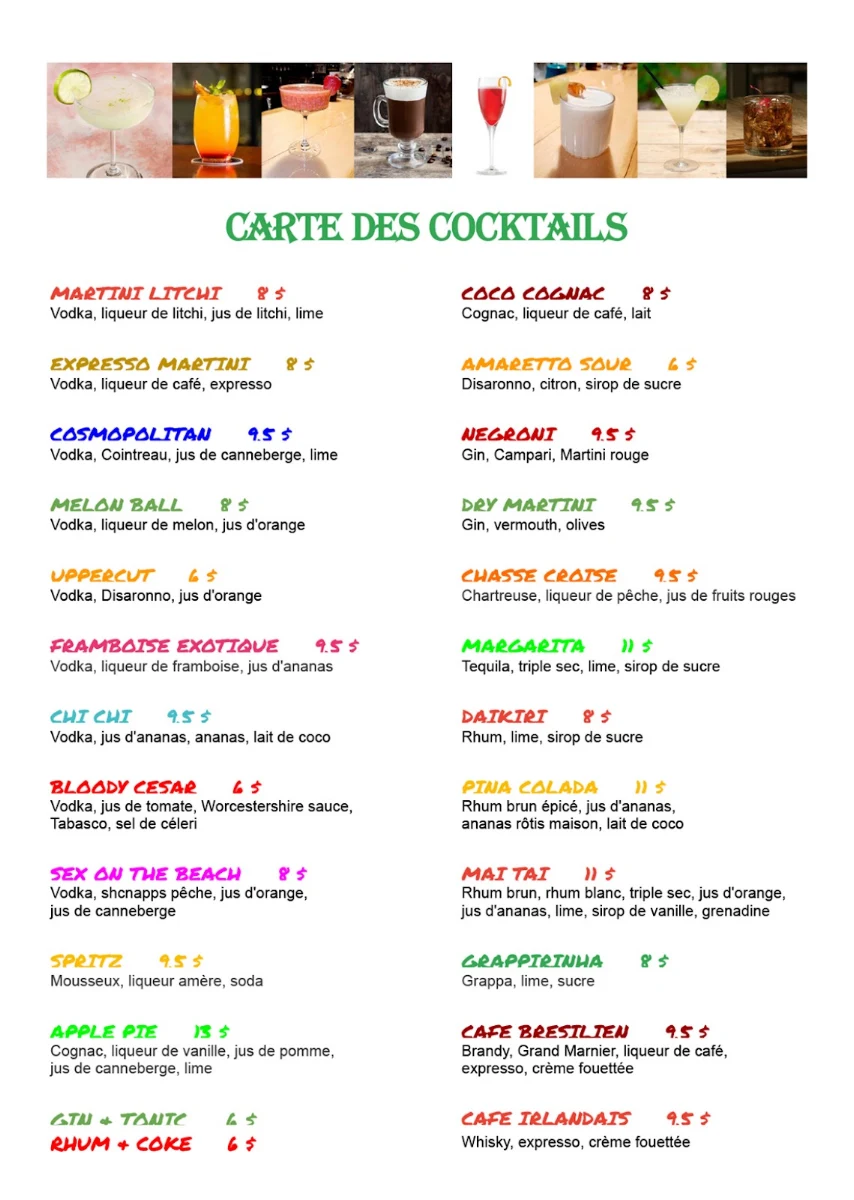 Menu, Cosy Café Saint-Joseph