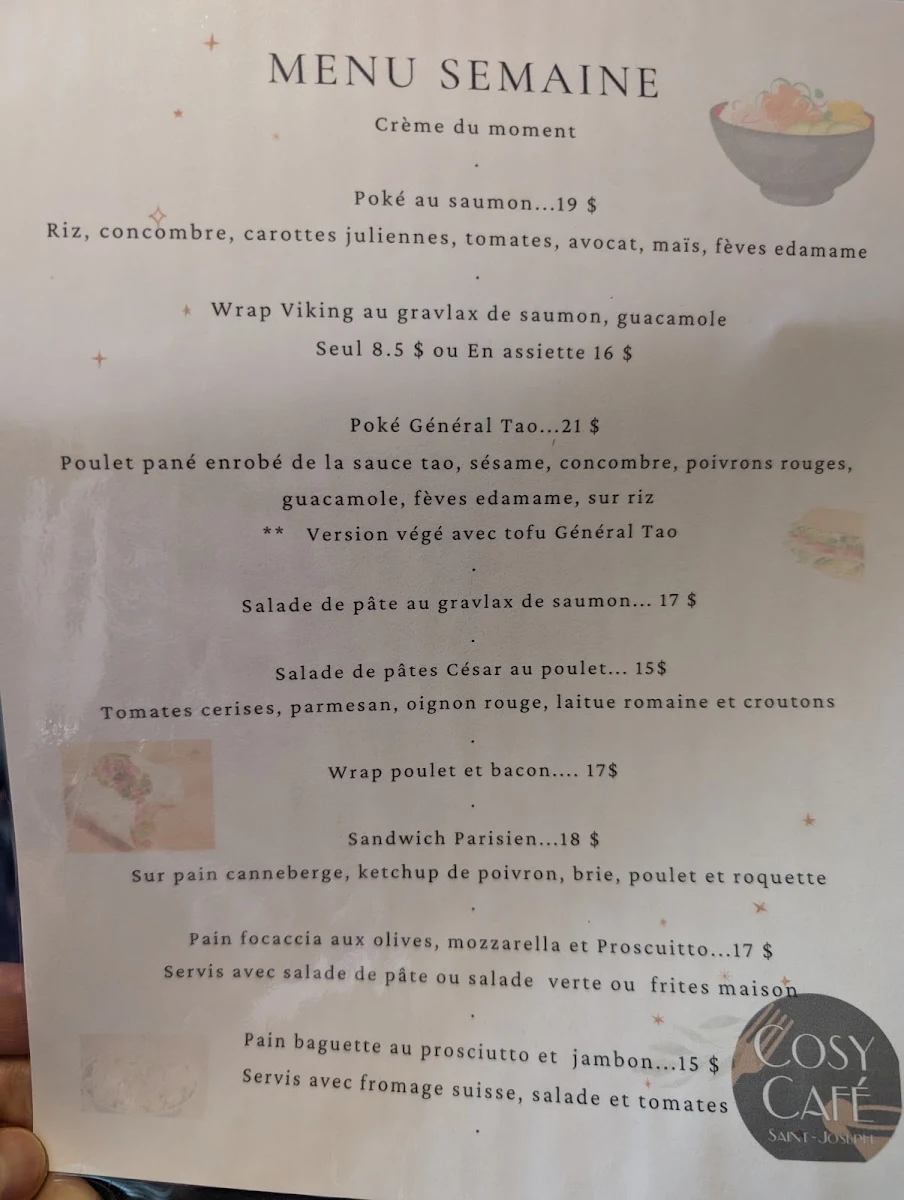 Menu, Cosy Café Saint-Joseph