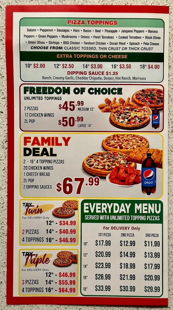 Menu, Canadian Pizza Unlimited - Skyview (Country Hills)