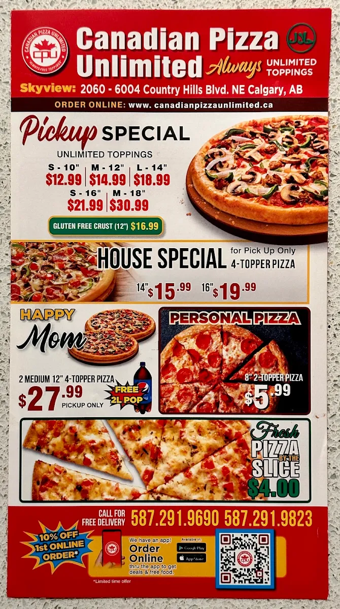 Menu, Canadian Pizza Unlimited - Skyview (Country Hills)