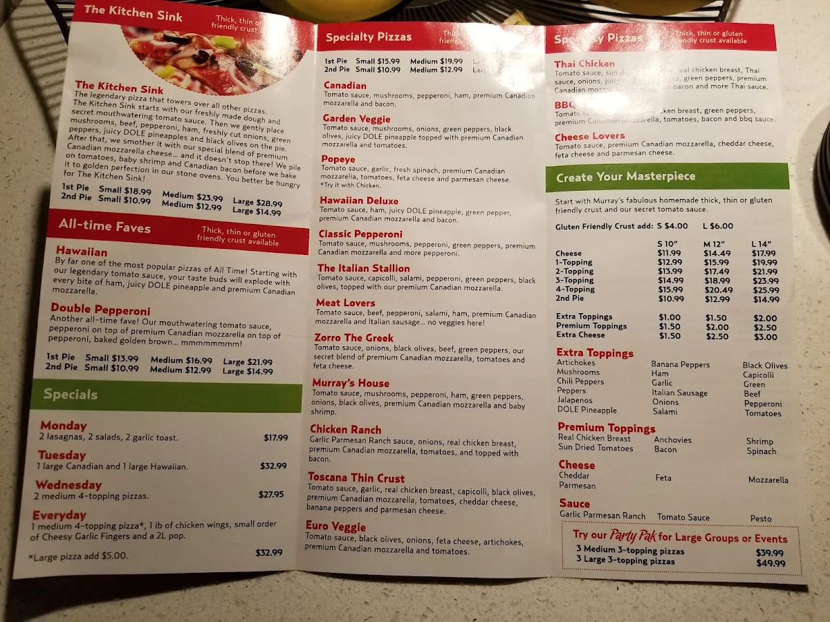 Menu, Murray's Pizza & Pasta