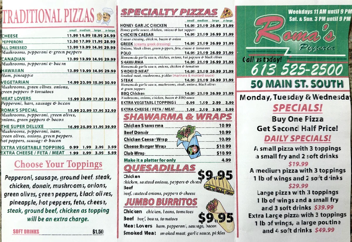 Menu, Alexandria Roma's Pizzeria