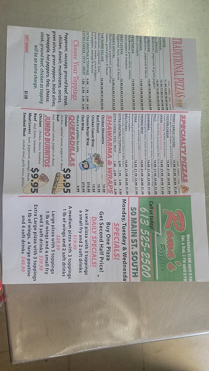 Menu, Alexandria Roma's Pizzeria