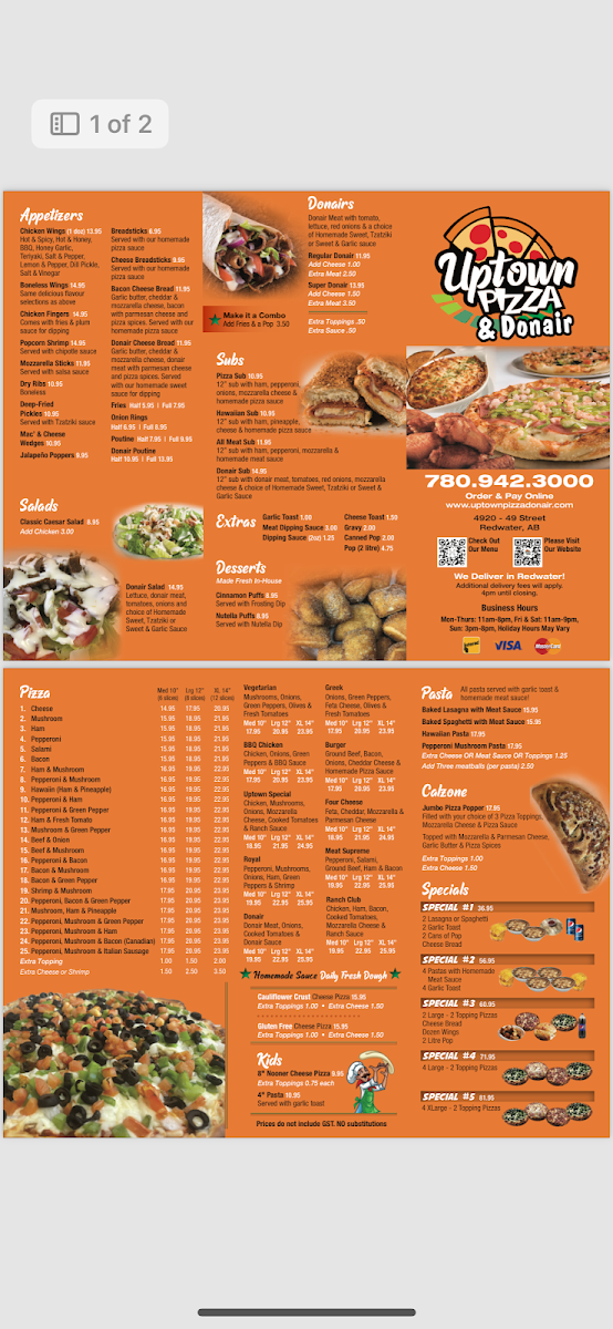 Menu, Uptown Pizza & Donair