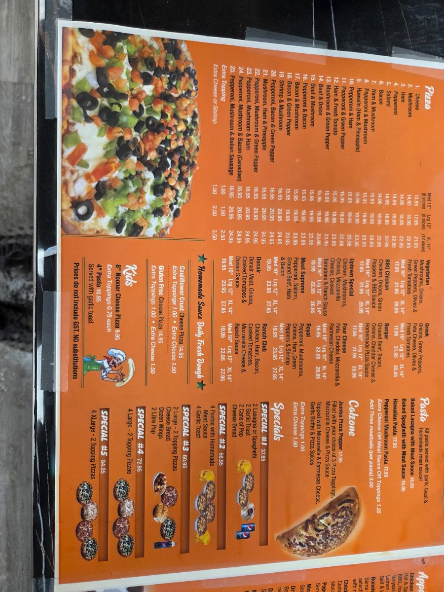 Menu, Uptown Pizza & Donair