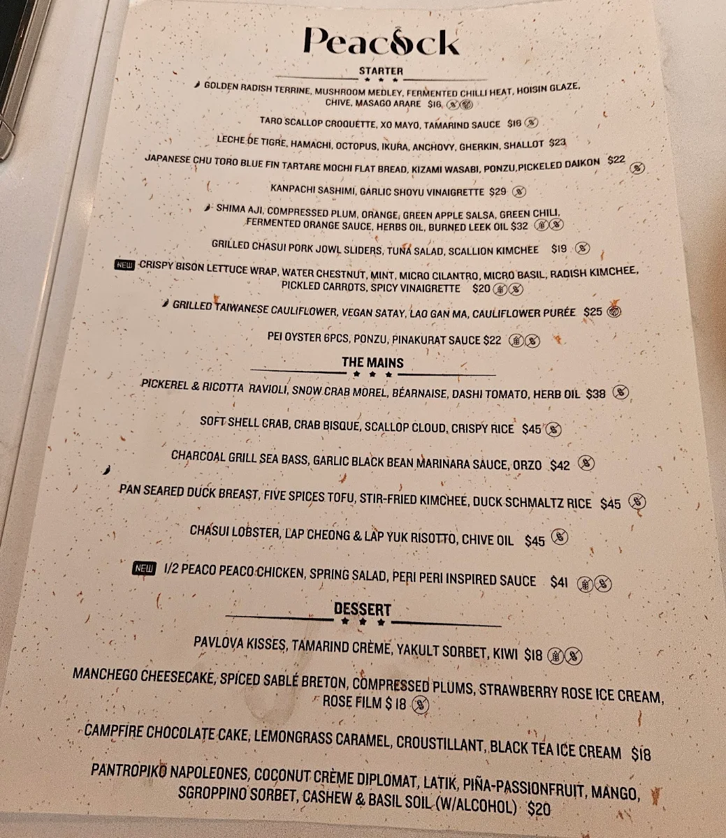 Menu, Peacock - Kitchen & Drinks