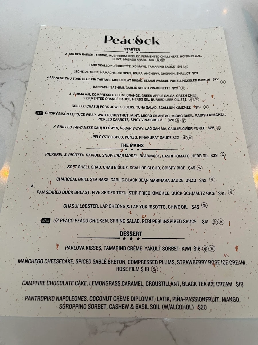 Menu, Peacock - Kitchen & Drinks