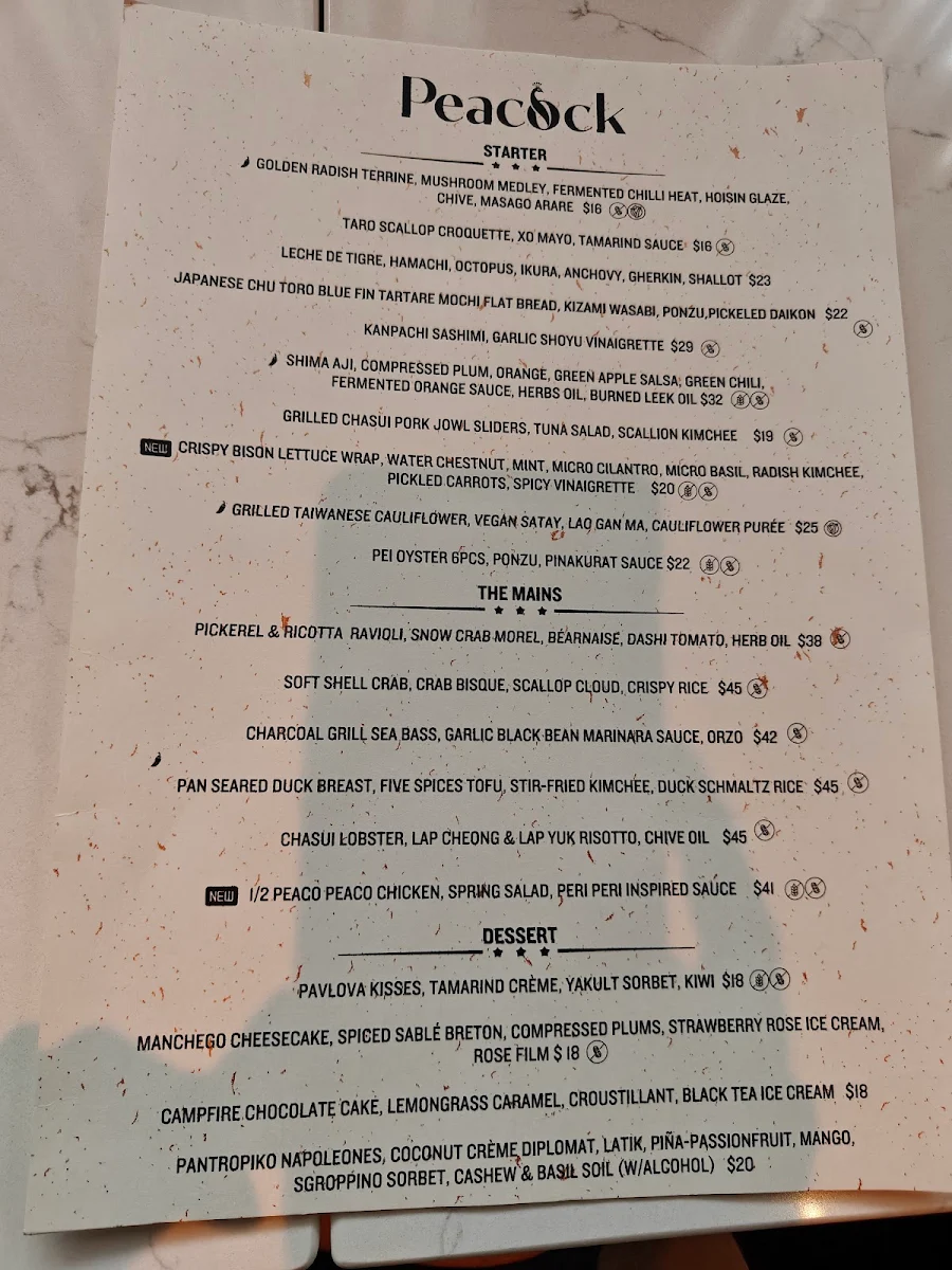 Menu, Peacock - Kitchen & Drinks