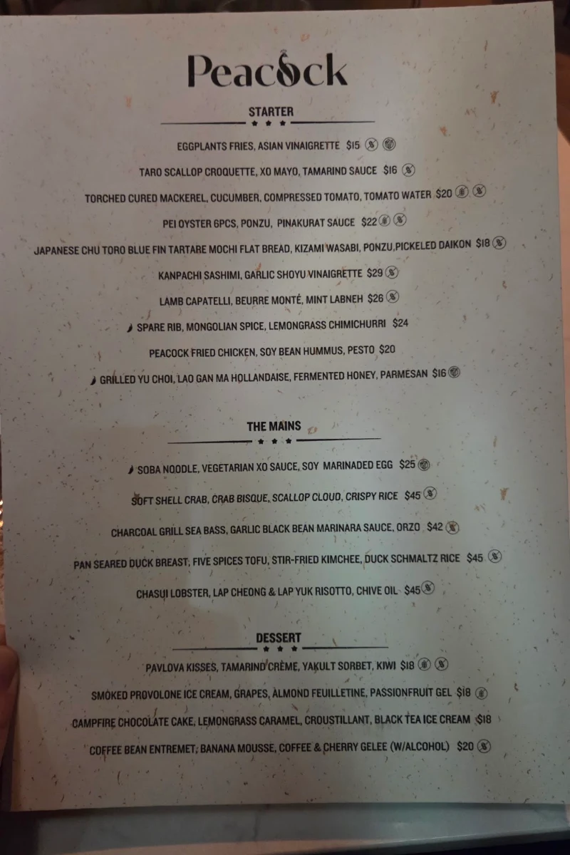 Menu, Peacock - Kitchen & Drinks