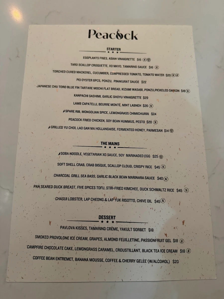 Menu, Peacock - Kitchen & Drinks