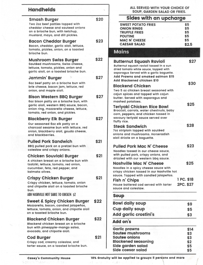 Menu, Casey's Community House