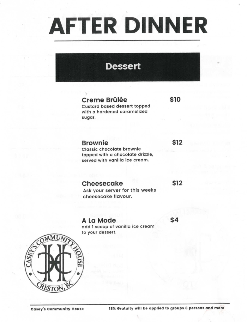 Menu, Casey's Community House