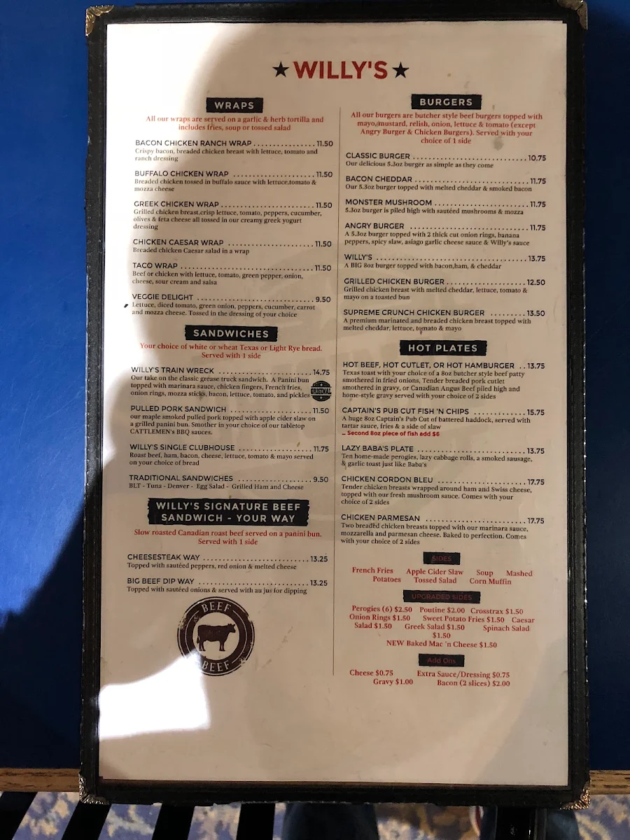 Menu, Willy's Tavern