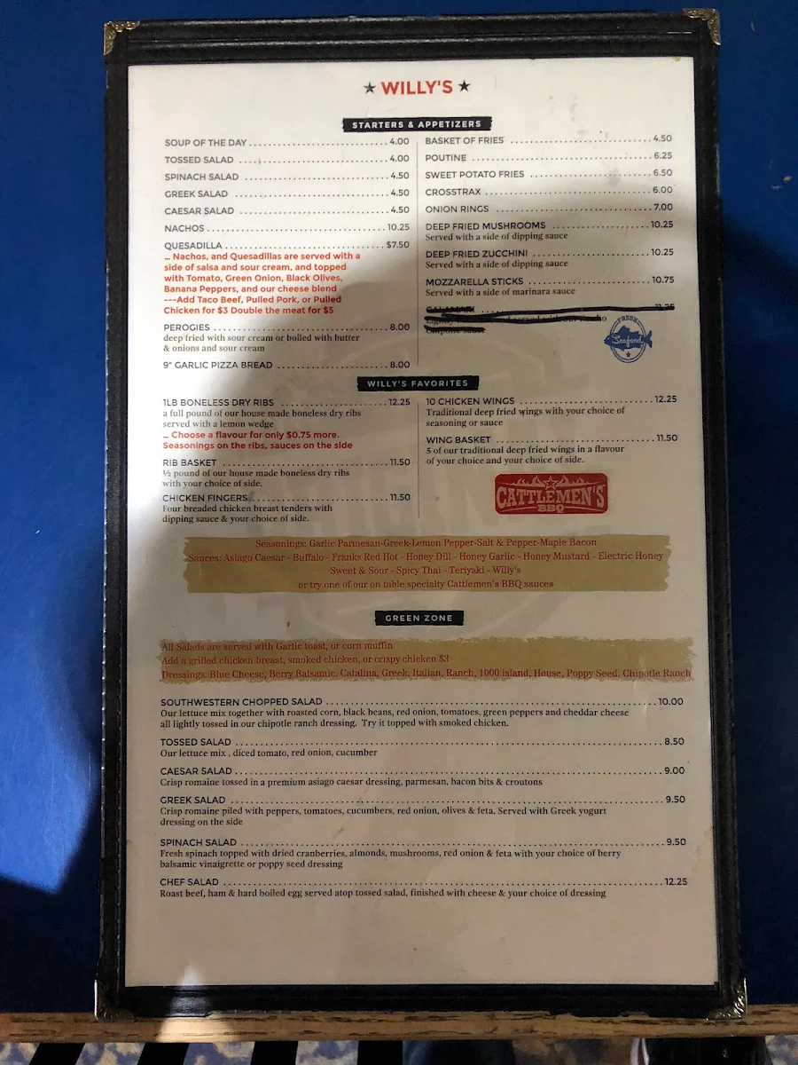 Menu, Willy's Tavern