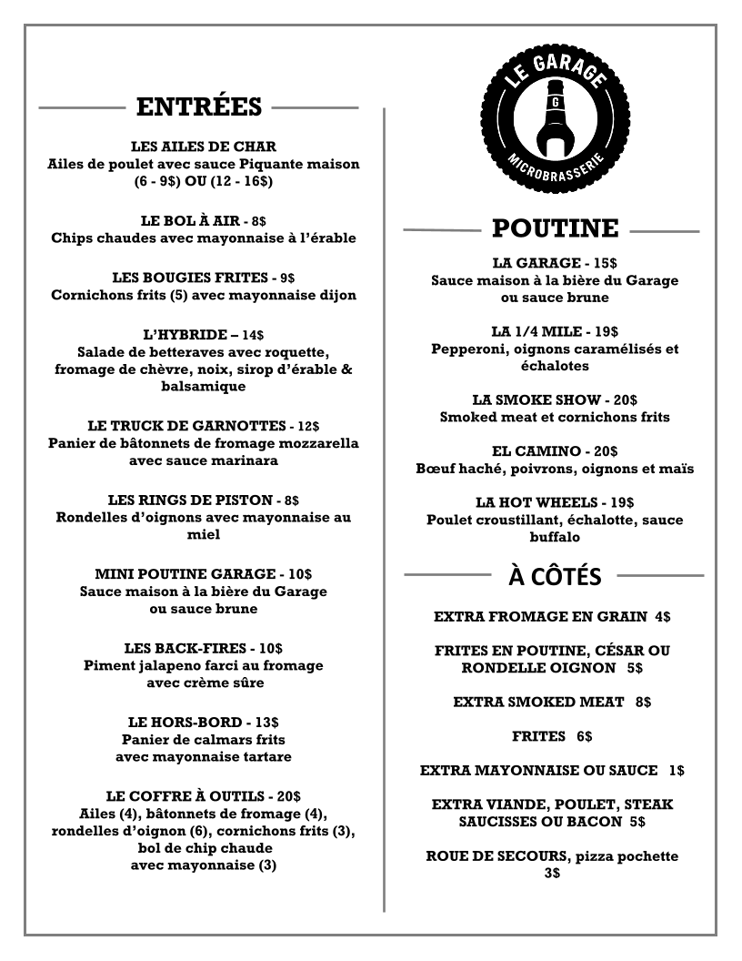 Menu, Le Garage - Microbrasserie