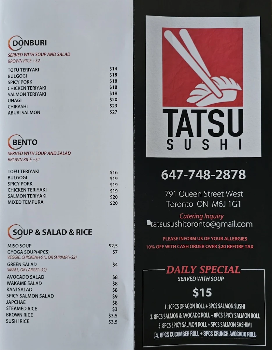 Menu, Tatsu Sushi