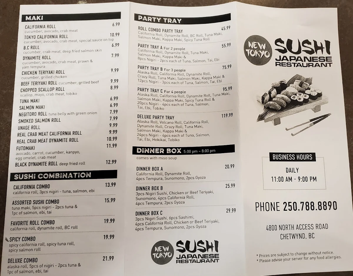 Menu, New Tokyo Sushi Japanese Restaurant
