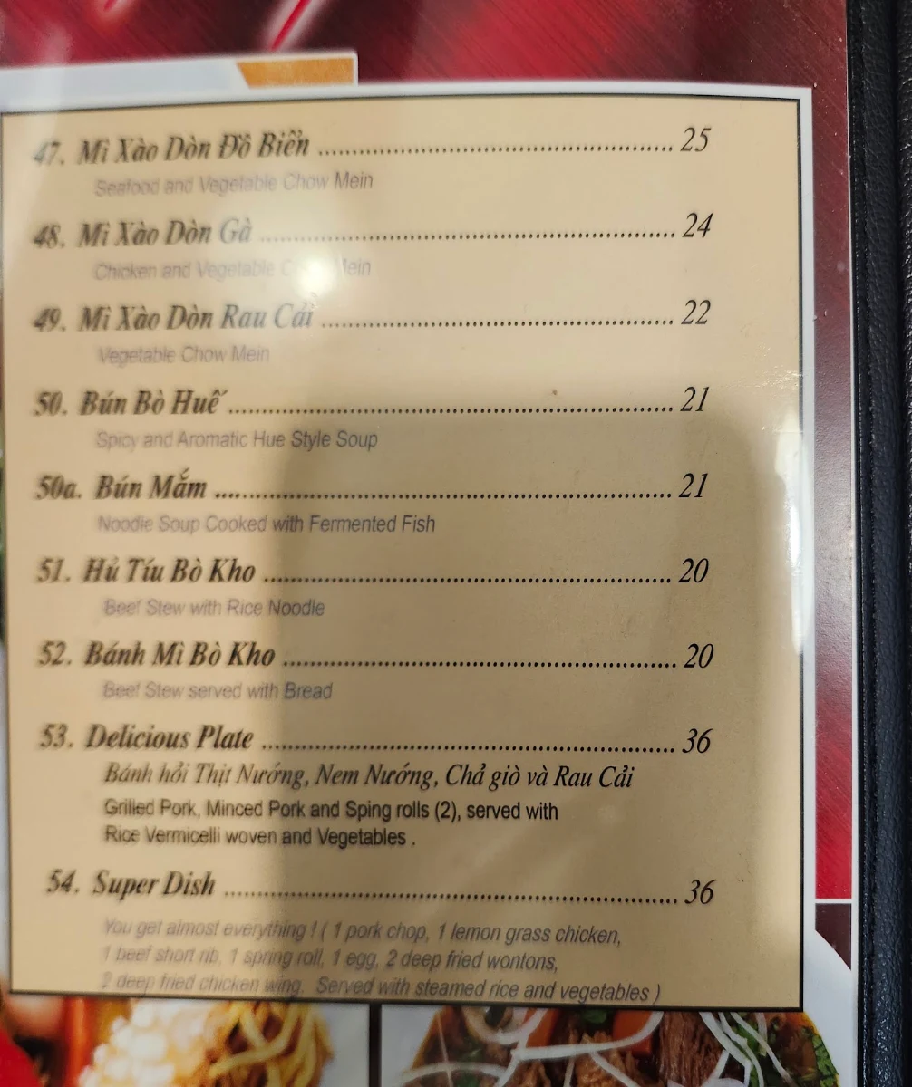 Menu, Taste of Pho