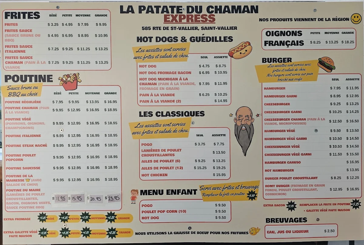 Menu, La Patate du Chaman Express