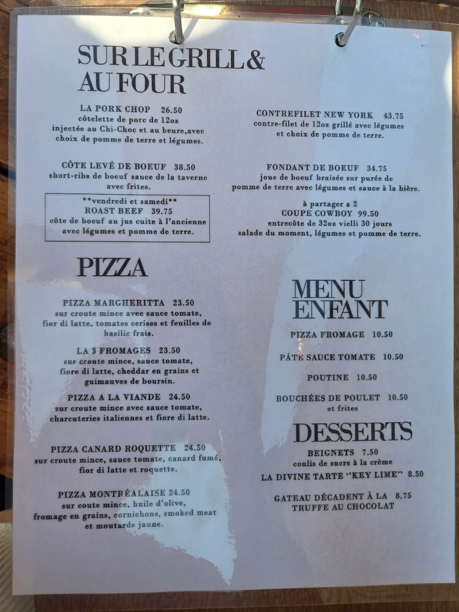 Menu, La Taverne Vieux chambly