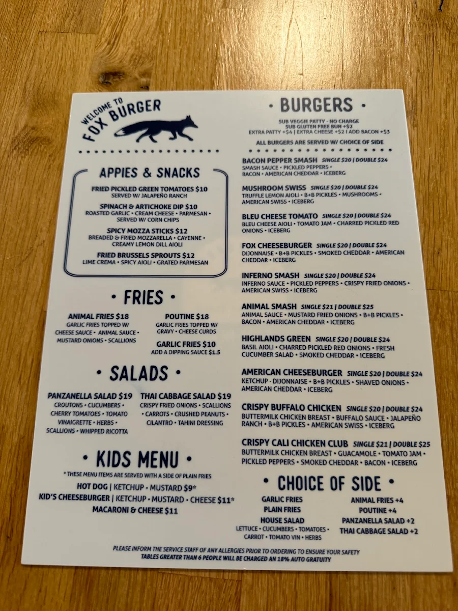 Menu, Fox Burger Highlands