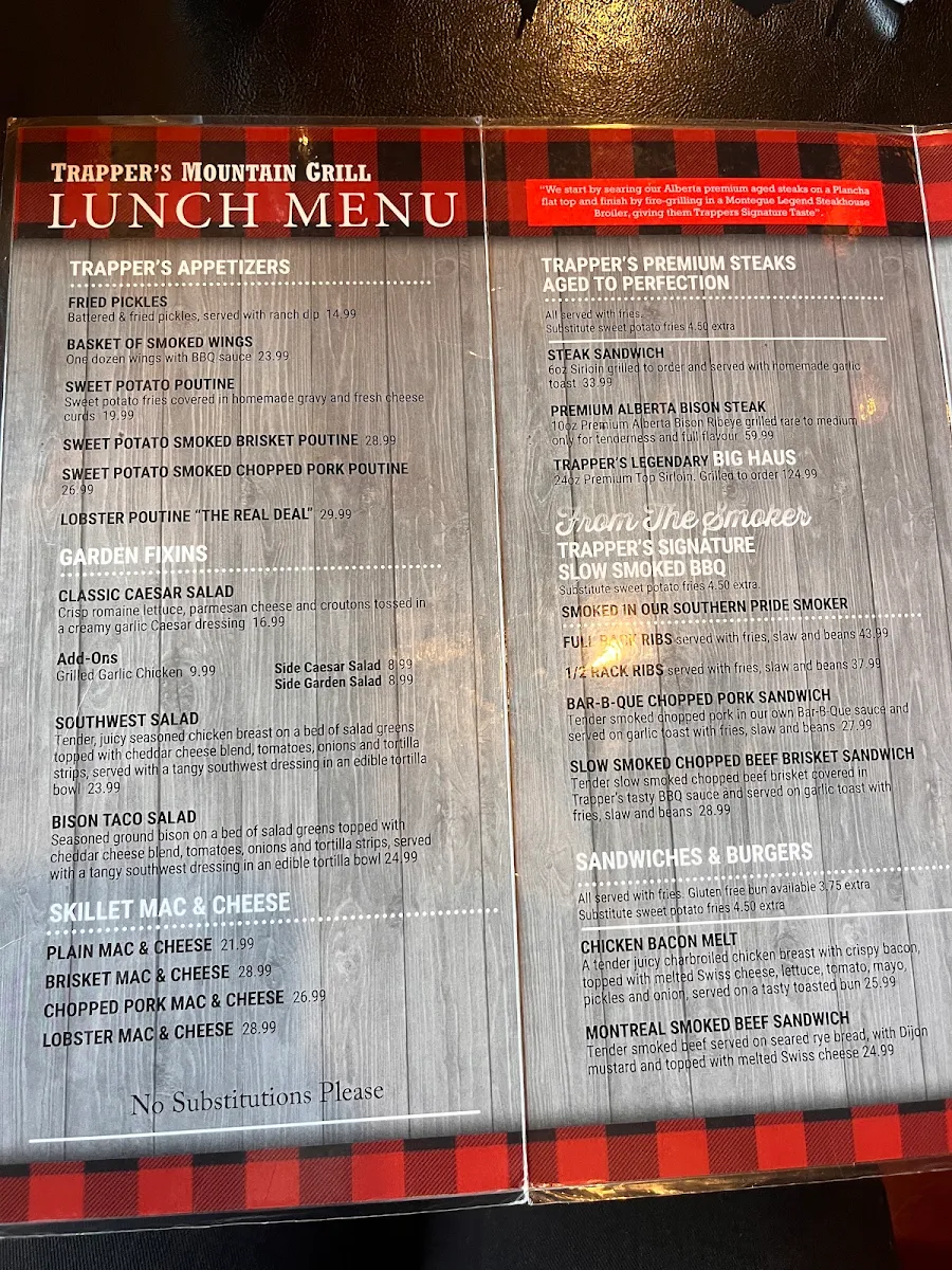Menu, Trappers Mountain Grill