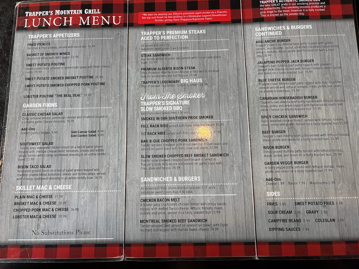 Menu, Trappers Mountain Grill