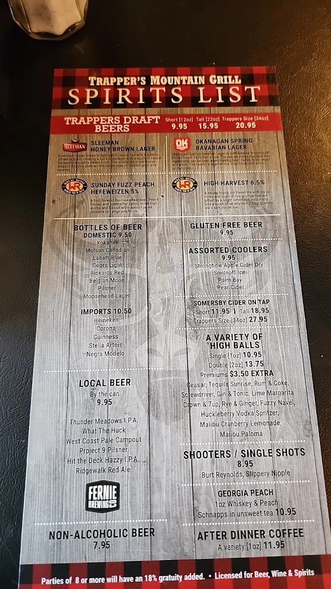 Menu, Trappers Mountain Grill
