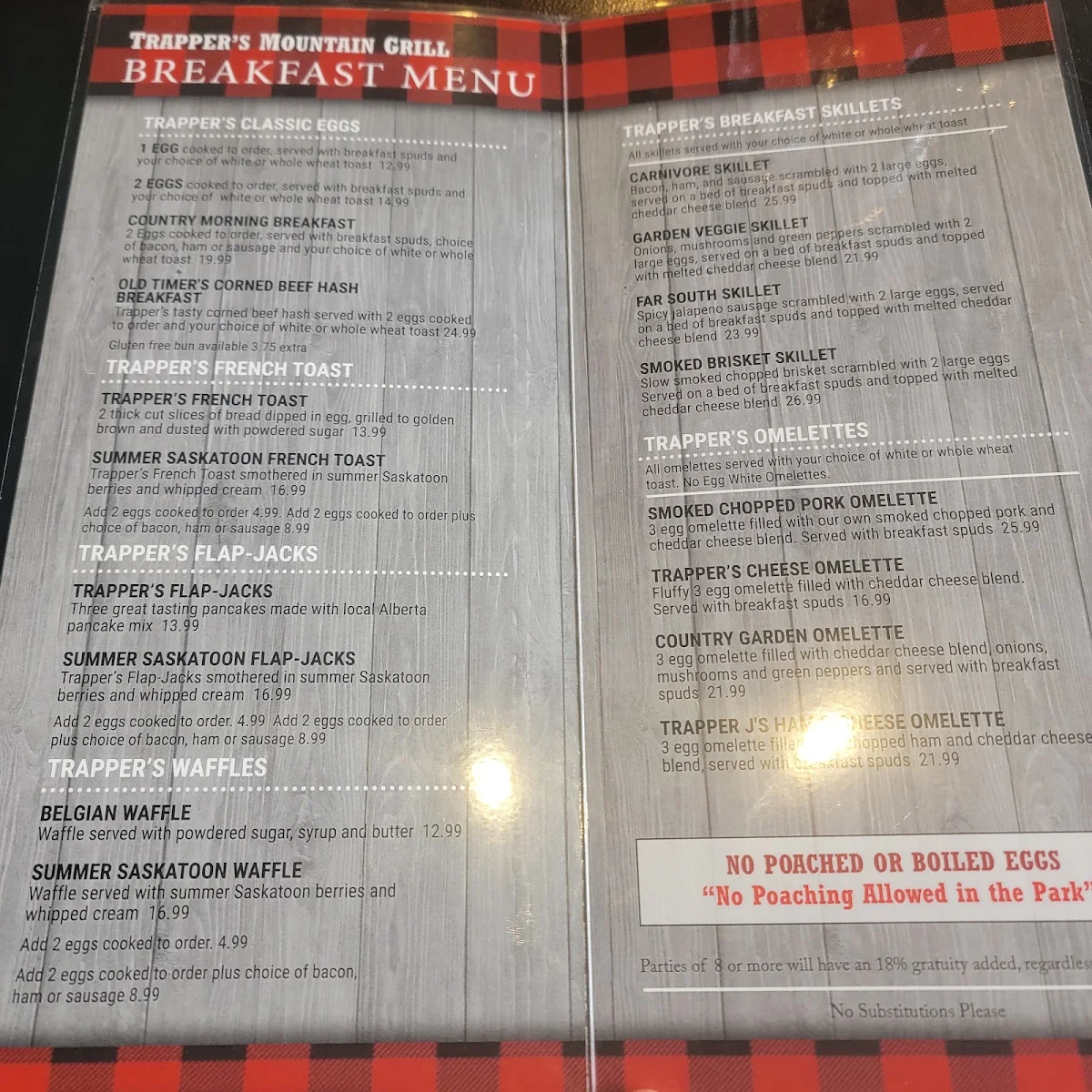 Menu, Trappers Mountain Grill
