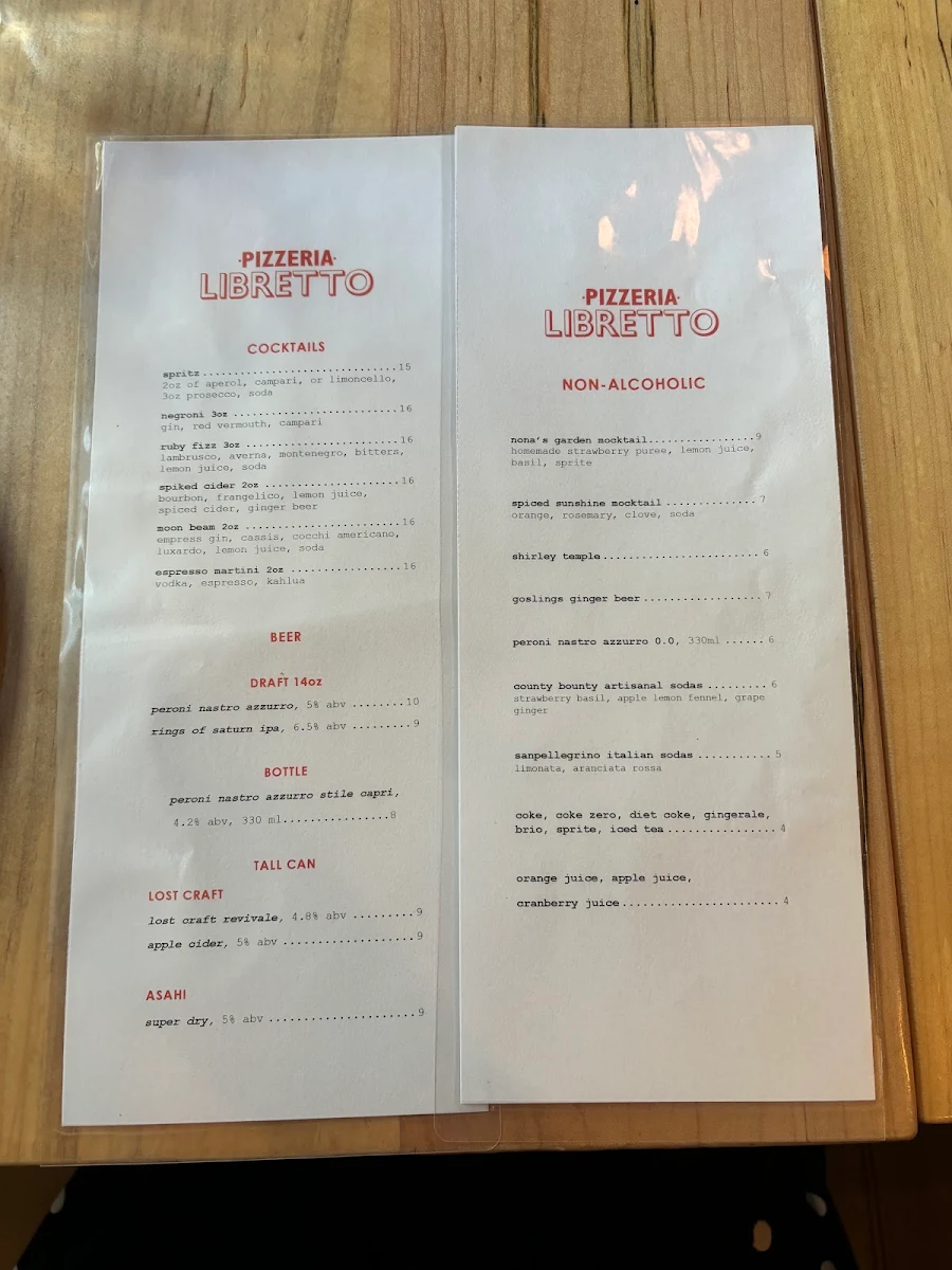 Menu, Pizzeria Libretto