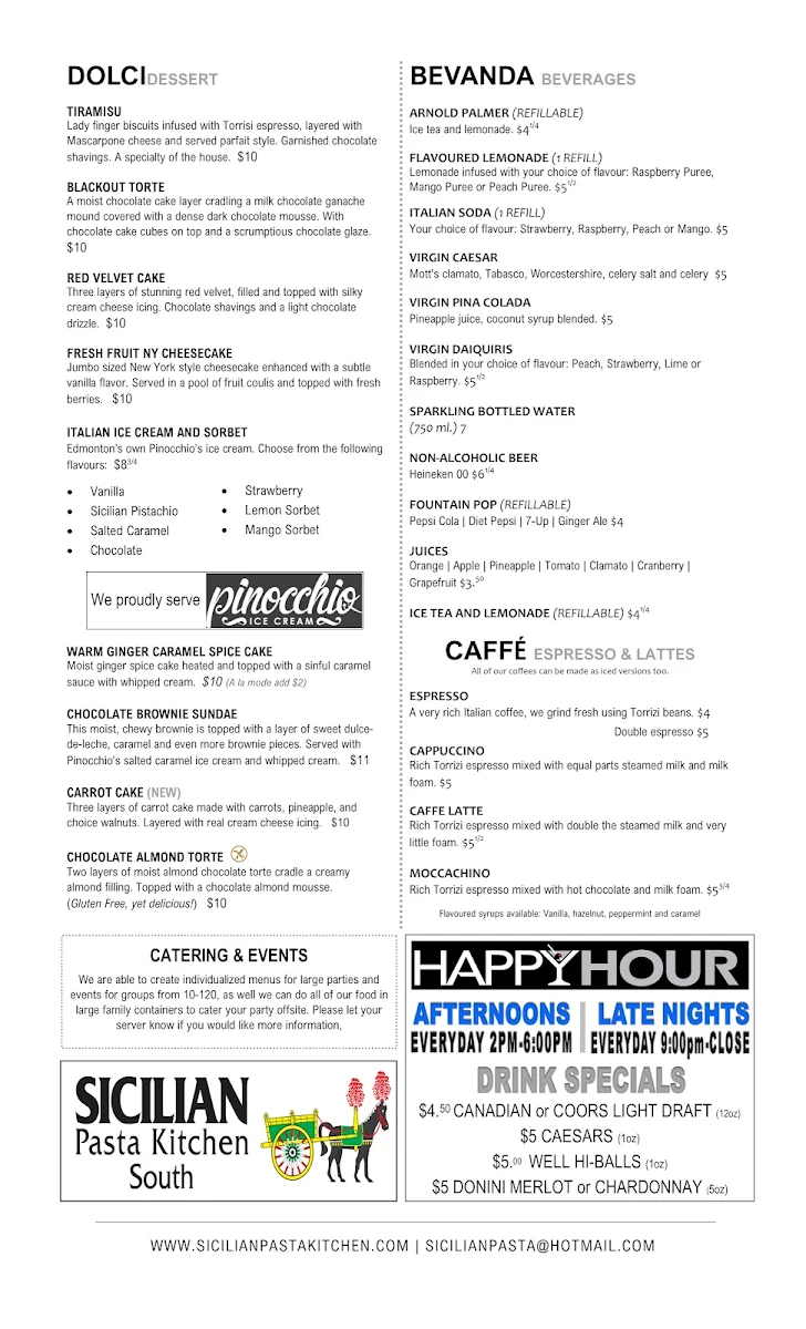Menu, Sicilian Pasta Kitchen South