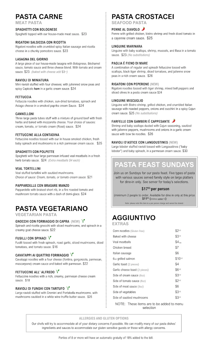 Menu, Sicilian Pasta Kitchen South