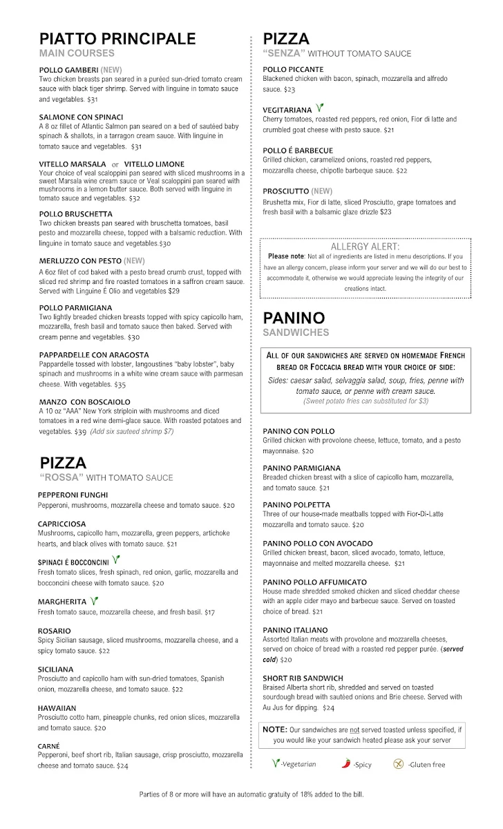 Menu, Sicilian Pasta Kitchen South