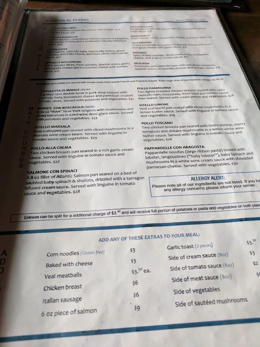 Menu, Sicilian Pasta Kitchen South