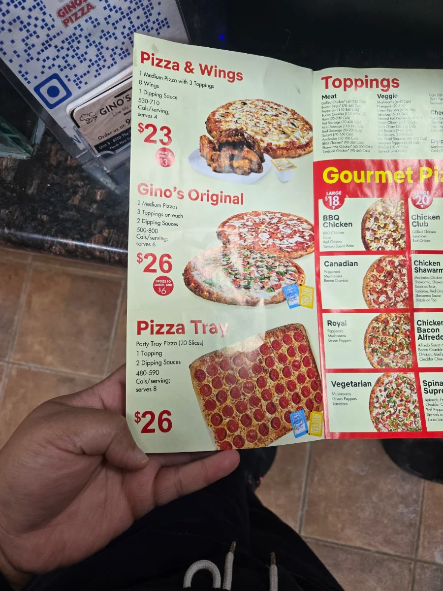 Menu, Gino's Pizza