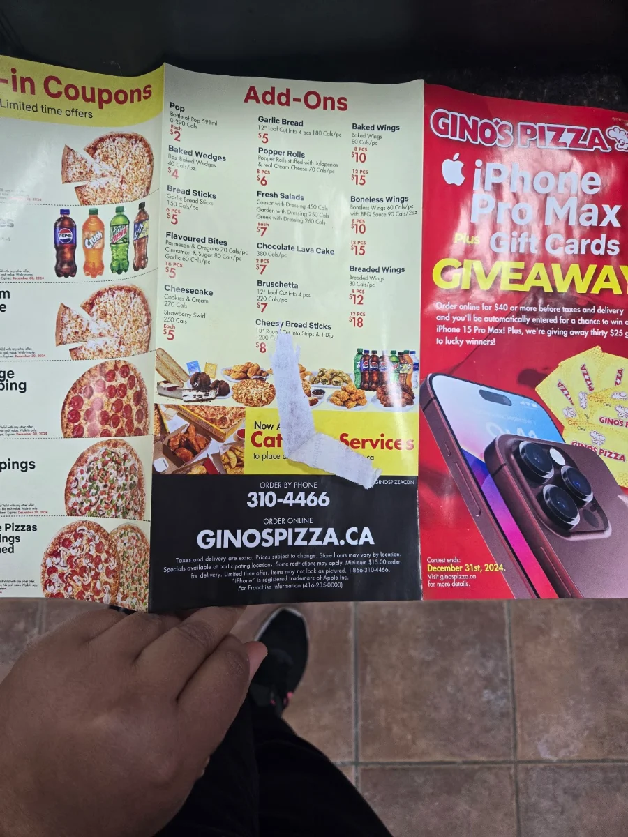 Menu, Gino's Pizza