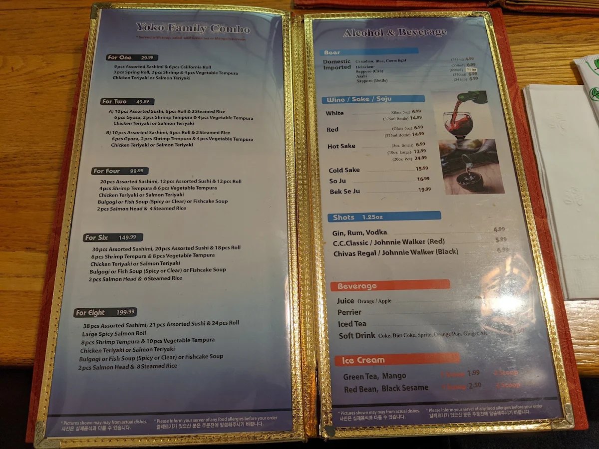 Menu, Yoko Japanese Restaurant
