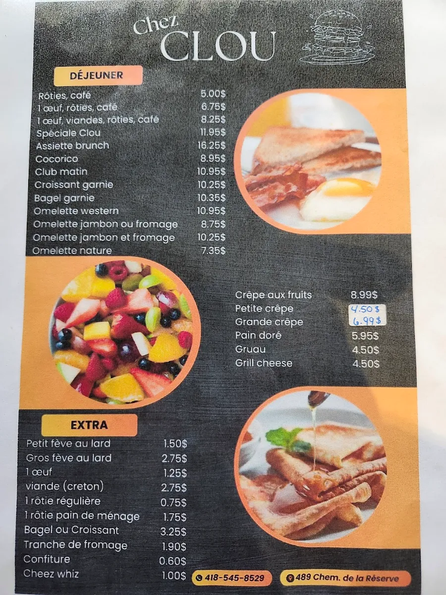 Menu, Restaurant Chez Clou Enr