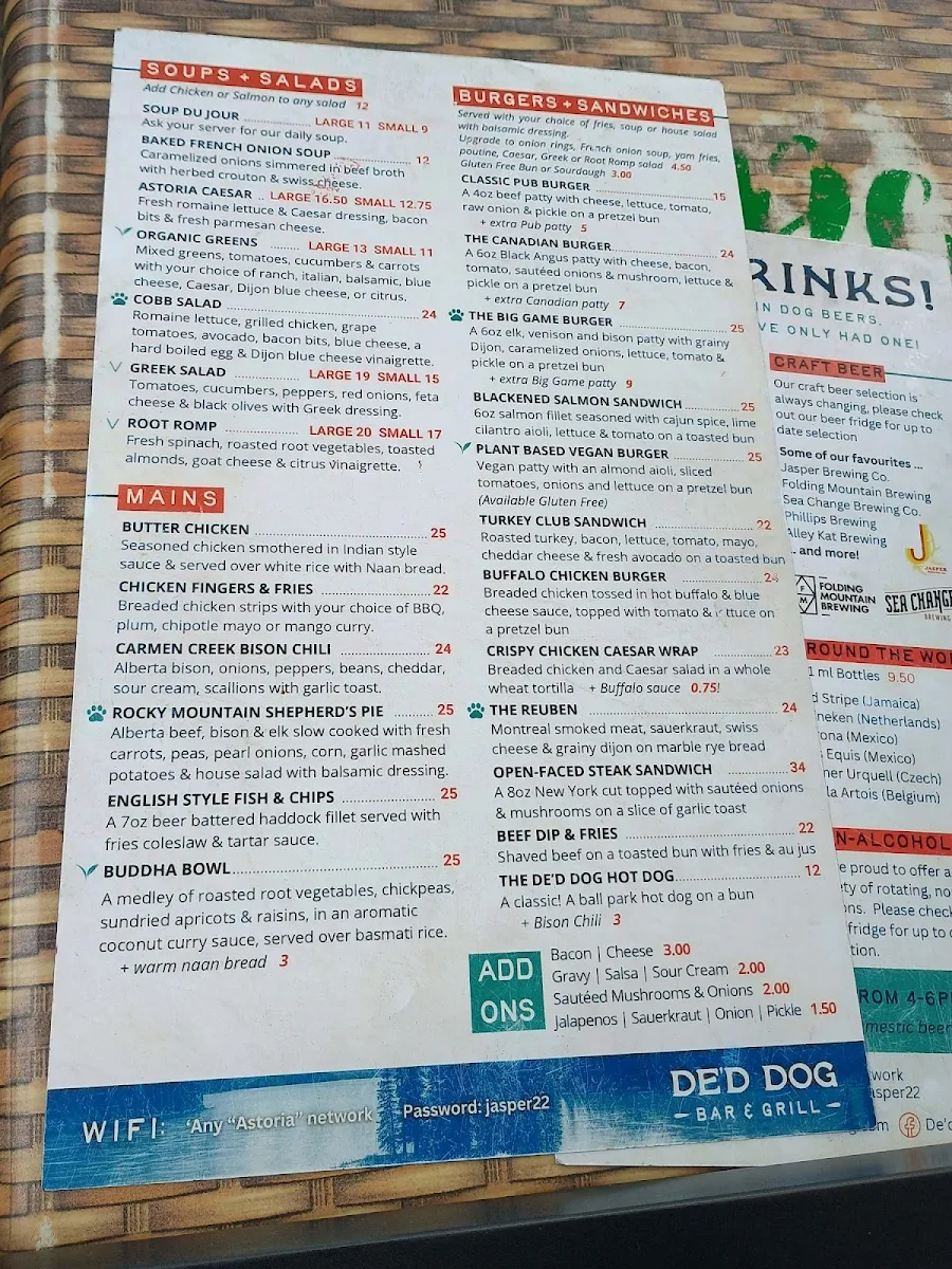 Menu, De'd Dog Bar & Grill