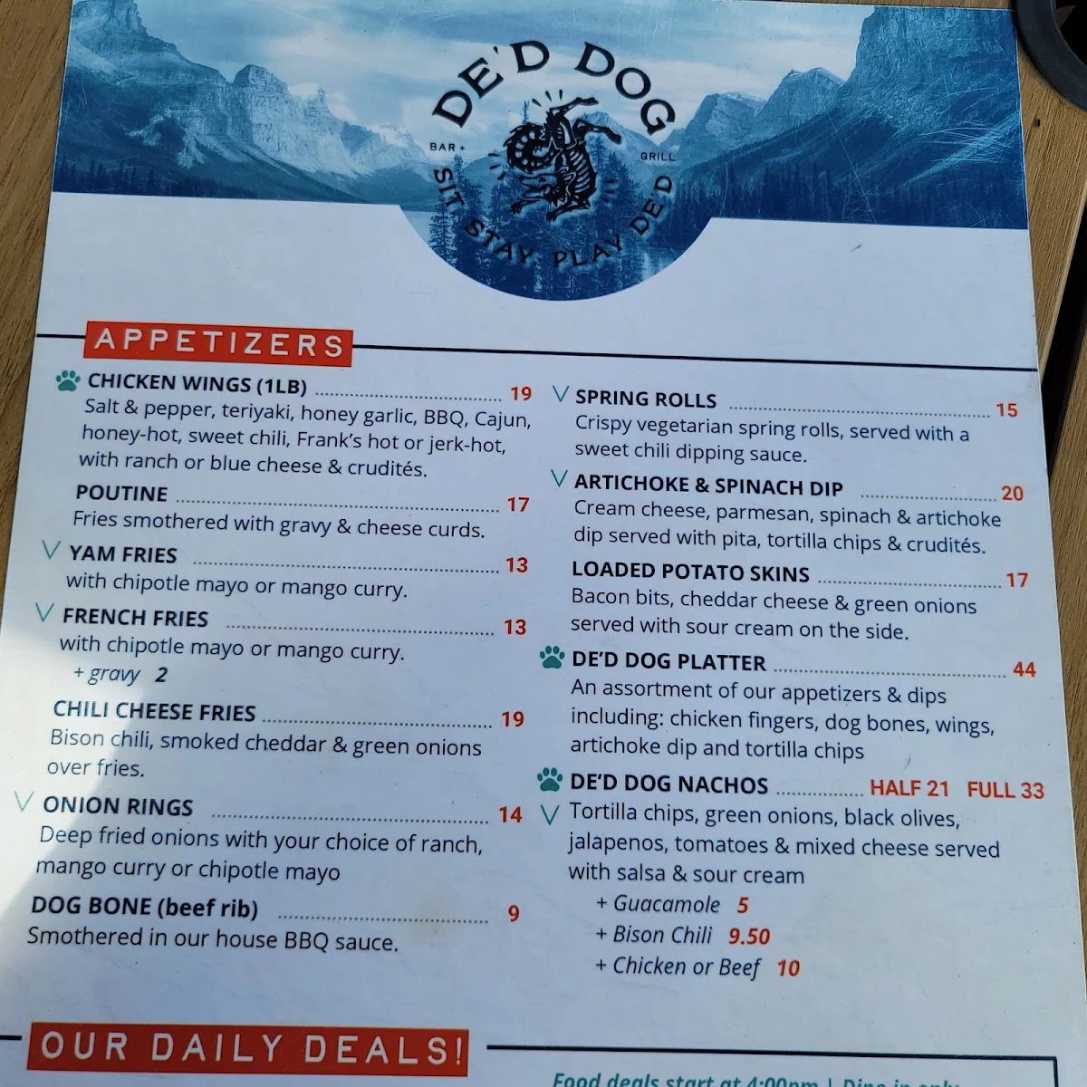 Menu, De'd Dog Bar & Grill