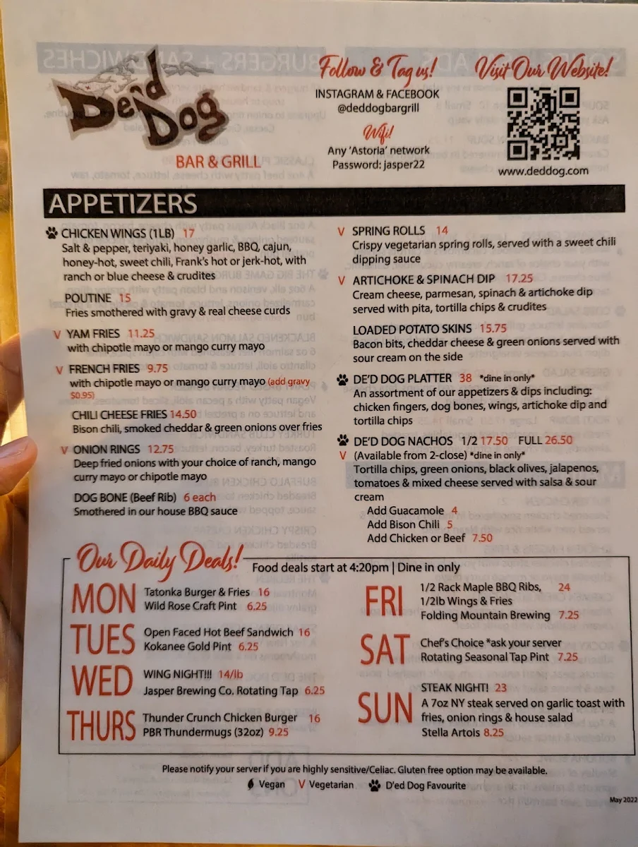 Menu, De'd Dog Bar & Grill