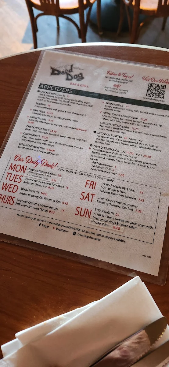 Menu, De'd Dog Bar & Grill