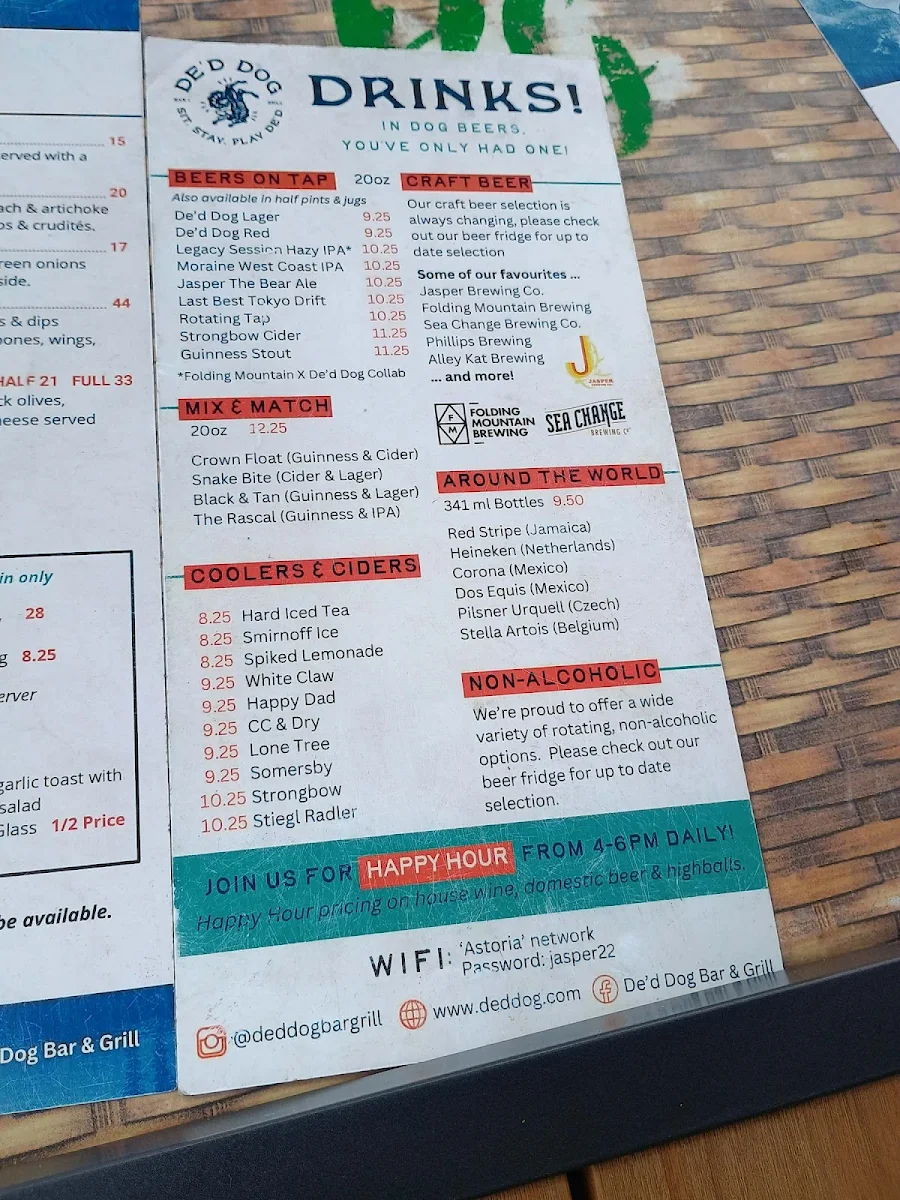Menu, De'd Dog Bar & Grill
