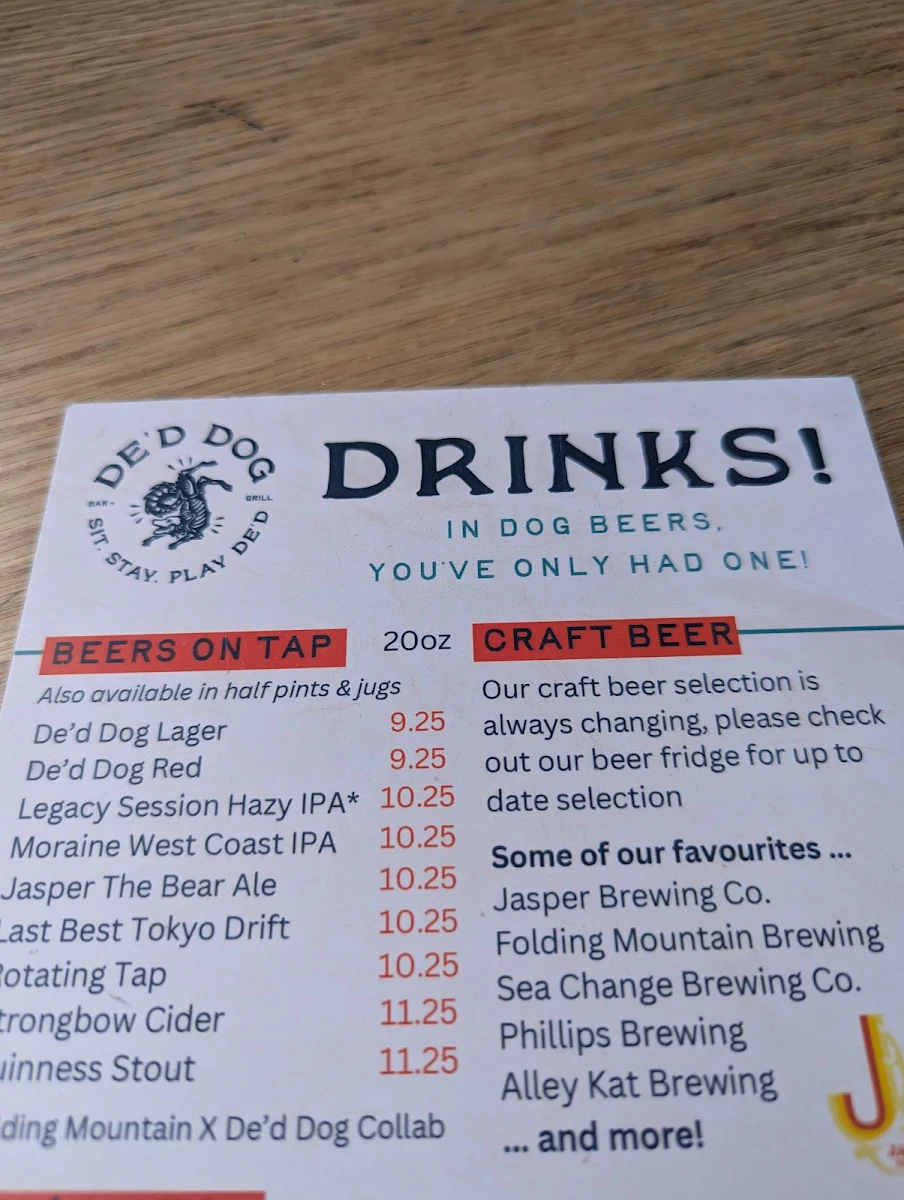 Menu, De'd Dog Bar & Grill