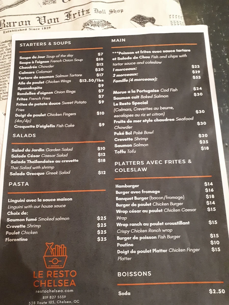 Menu, Le Resto Chelsea