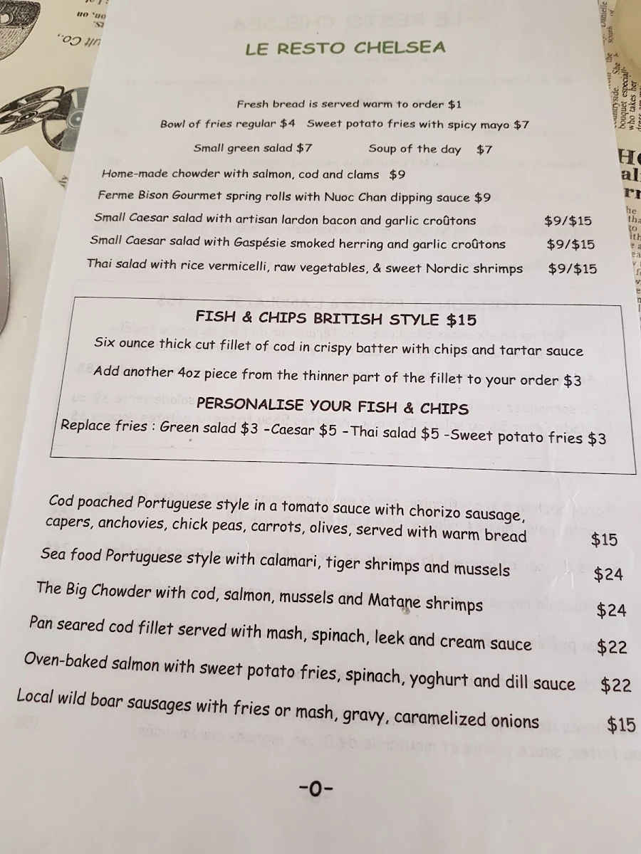 Menu, Le Resto Chelsea
