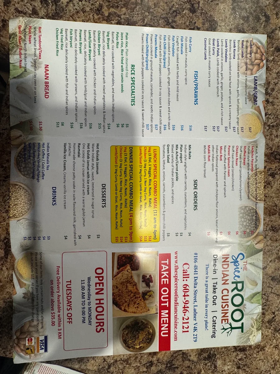 Menu, The Spice Root Indian Cuisine
