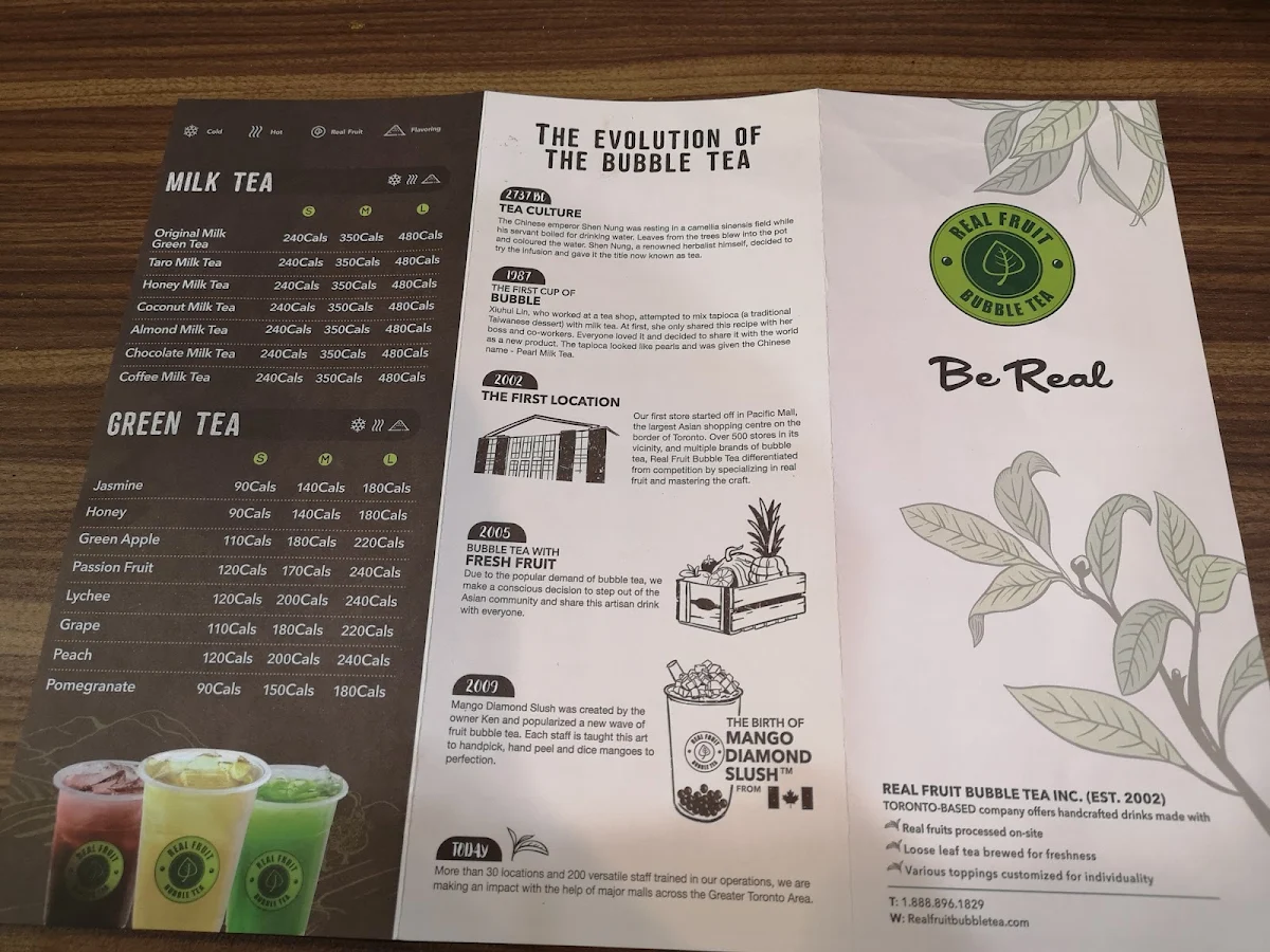 Menu, Real Fruit Bubble Tea