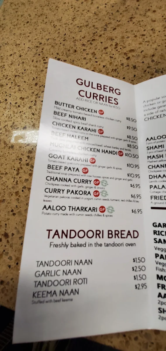 Menu, Gulberg Tandoor