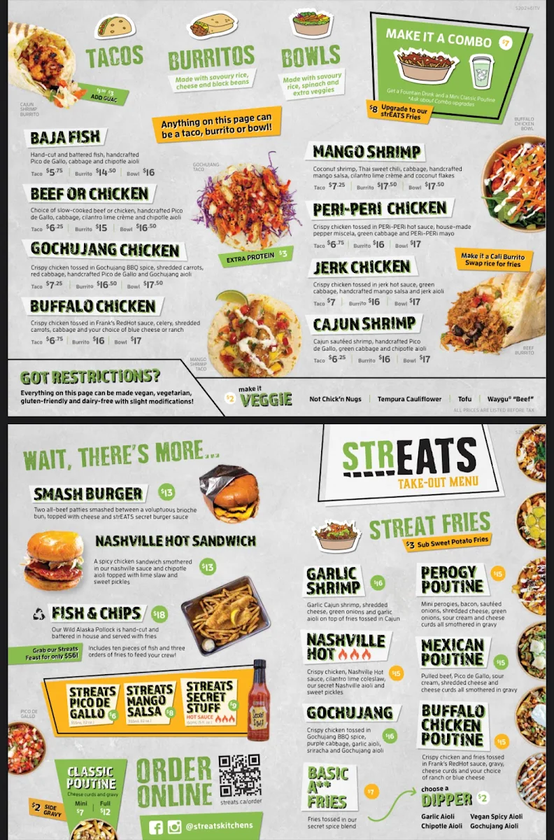 Menu, Streats Kanata Kitchen